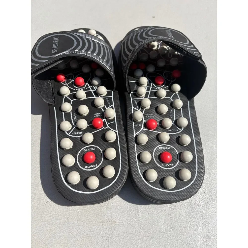 BYRIVER Acupressure Foot Massage Slippers Size Large. Black Sandals Reflexology